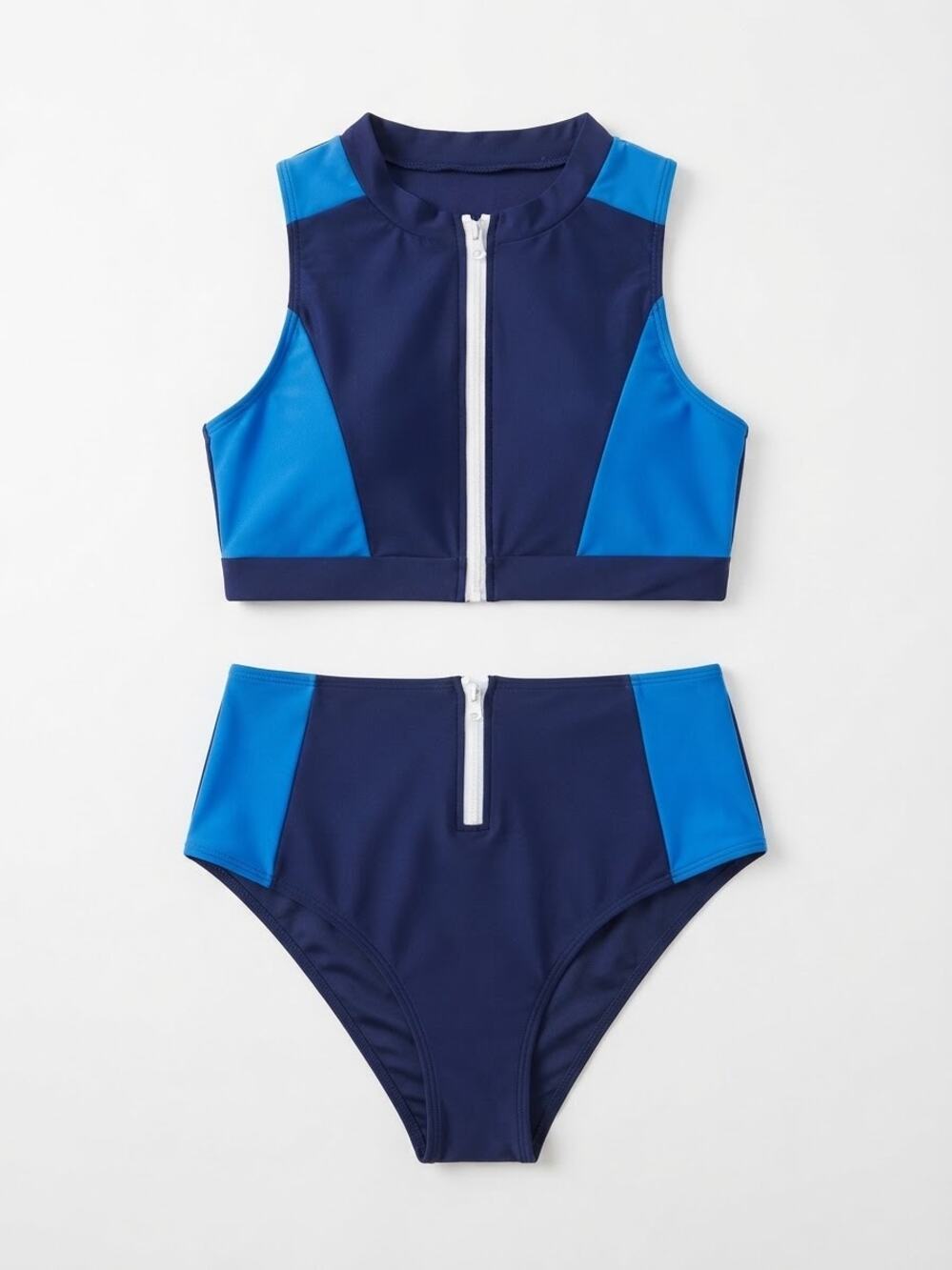 Two Piece Swimsuit Blue Colorblock Zip Front Crop Top High Waist Bikini 2XL Bay